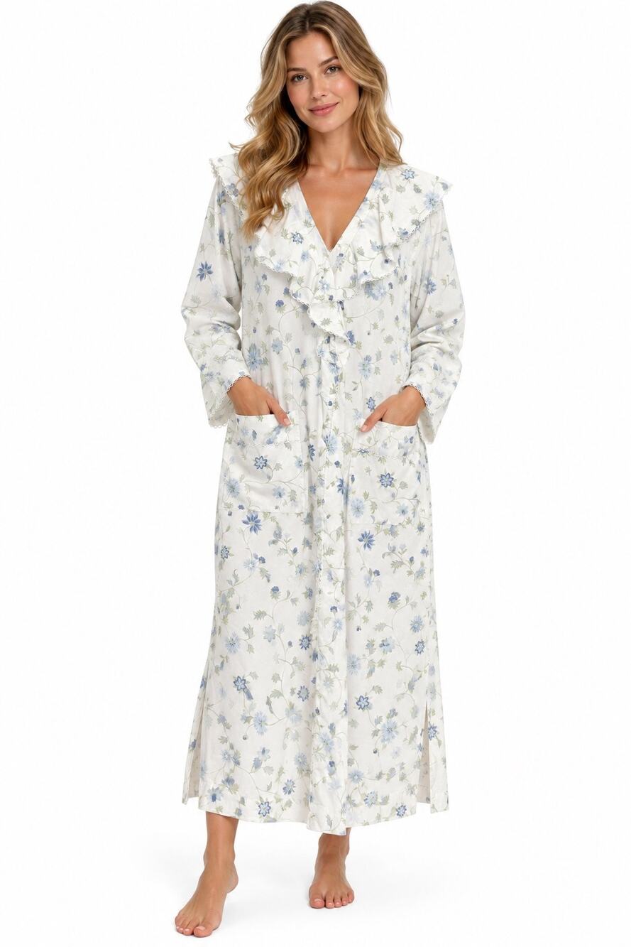 Victoria’s Secret Country Floral Ruffle PJ Dress M/L White Blue Cottage Rustic